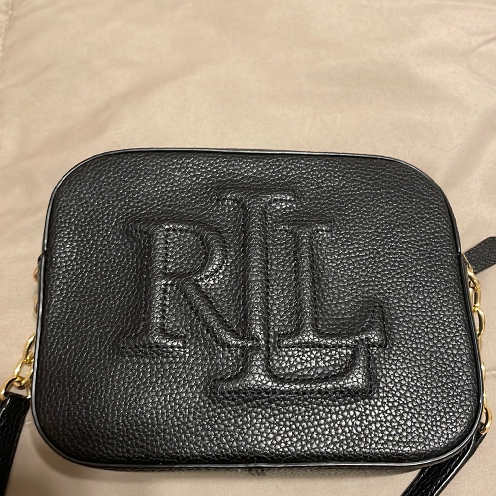 Black Ralph Lauren shoulder bag with gold hardware.